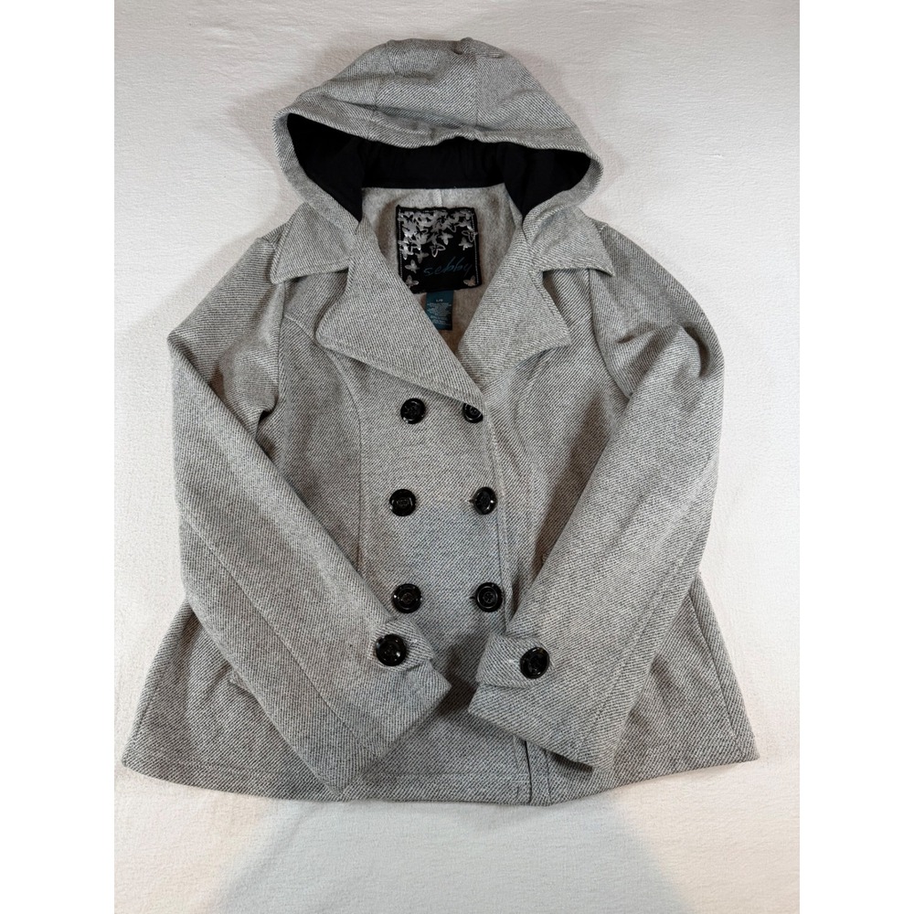 Sebby Collection Gray Hooded Peacoat Jacket Double Breasted Twill Womens Large